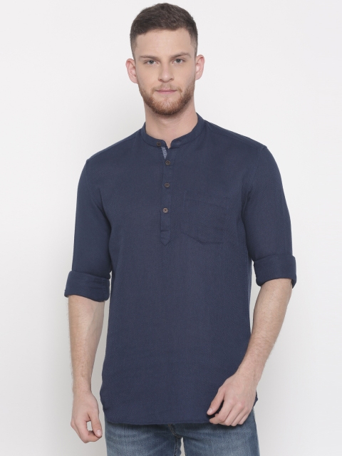 

British Club Men Navy Woven Design Short Straight Kurta, Navy blue