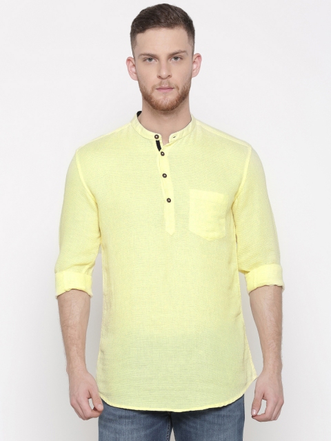 

British Club Men Yellow Woven Design Straight Kurta
