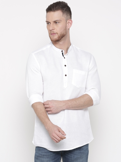 

British Club Men White Woven Design Straight Kurta