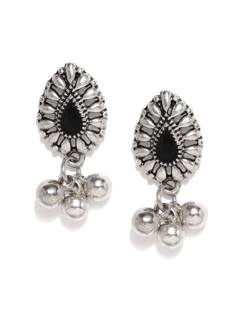 

Fida Black & Silver-Toned Floral Drop Earrings
