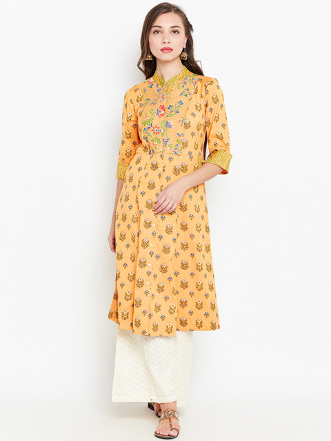 

Biba Women Yellow & Green Printed A-Line Kurta
