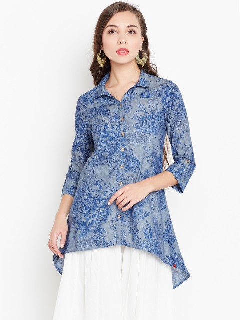 

Biba Women Grey & Blue Printed A-Line Kurta