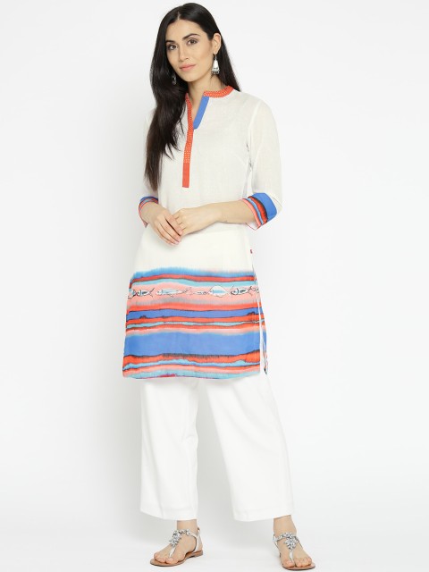 

Biba Women White & Blue Striped Straight Kurta