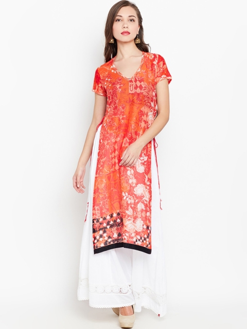 

Biba Women Red & Orange Printed Straight Kurta