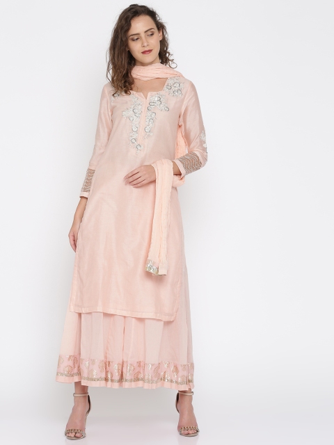 

Biba Women Peach-Coloured & Self Design Kurta with Palazzos & Dupatta