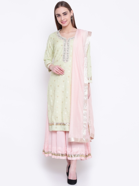 

Biba Women Green & Pink Self Design Kurta with Palazzos & Dupatta