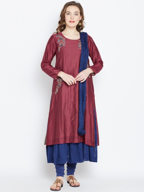 

Biba Women Maroon & Navy Printed Kurta with Churidar & Dupatta