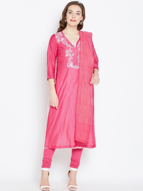 

Biba Women Pink Embroidered Kurta with Churidar & Dupatta