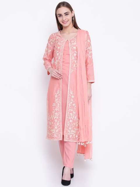 

Biba Women Peach-Coloured Embroidered Kurta with Trousers & Dupatta