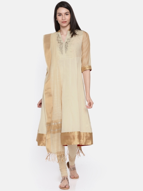 

Biba Women Off-White & Beige Yoke Design Anarkali Kurta with Leggings & Dupatta