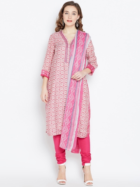 

Biba Women Pink Printed Kurta with Churidar & Dupatta