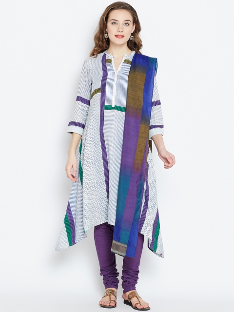 

Biba Women Blue & White Striped A-Line Kurta with Churidar & Dupatta