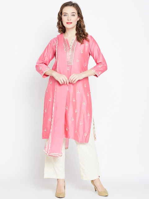 

Biba Women Pink & Cream-Coloured Embellished Kurta with Palazzos & Dupatta