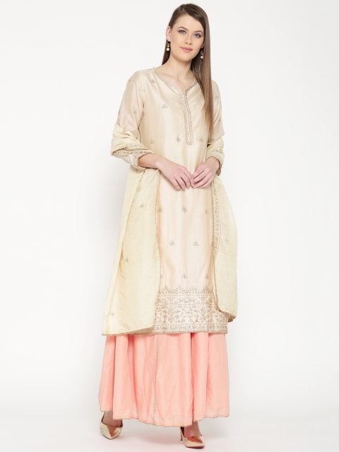 

Biba Women Beige & Peach-Coloured Embroidered Kurta with Palazzos & Dupatta