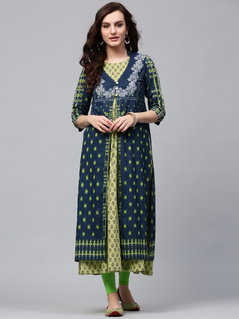 

Rain & Rainbow Women Navy & Green Printed Layered Anarkali Kurta, Navy blue