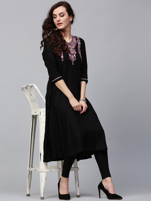 

Rain & Rainbow Women Black Embroidered A-Line Kurta