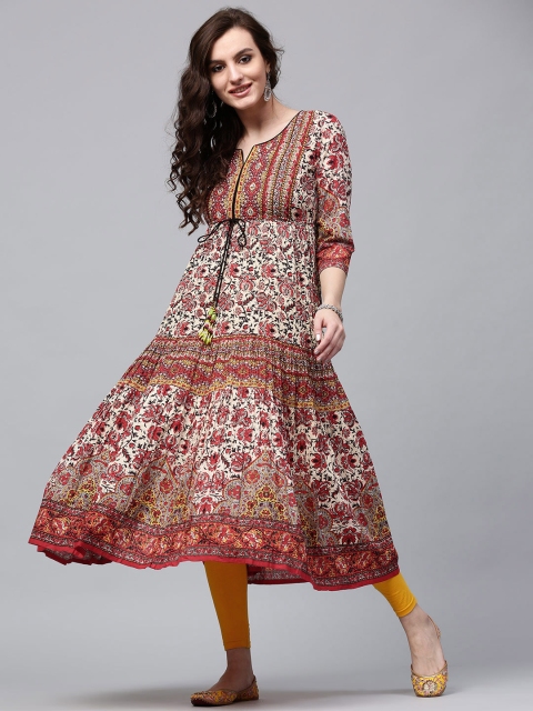 

Rain & Rainbow Women Cream-Coloured & Red Printed Tiered Anarkali Kurta