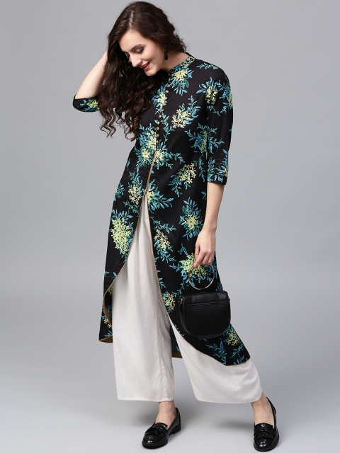 

Rain & Rainbow Women Black & Blue Printed A-Line Kurta
