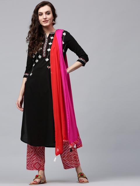 

Rain & Rainbow Women Black & Red Printed Kurta with Trousers & Dupatta