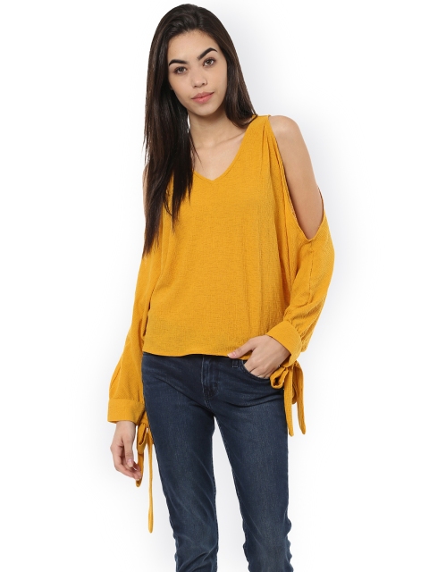 

Harpa Women Mustard Yellow Solid Cold Shoulder Top
