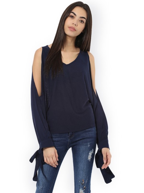 

Harpa Women Navy Blue Solid Cold Shoulder Top