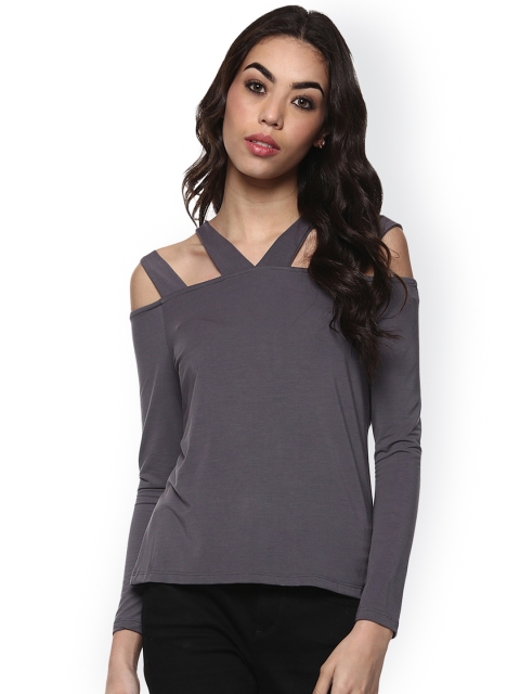 

Harpa Women Grey Solid Off-Shoulder Top