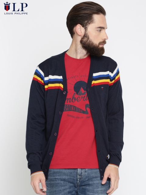 

Louis Philippe Sport Men Navy Blue Striped Wool Cardigan