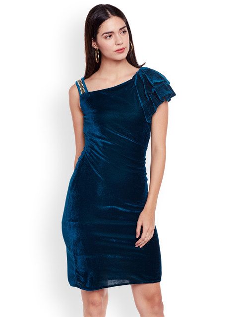 

Athena Women Teal Blue Embellished Velvet Finish Bodycon Dress