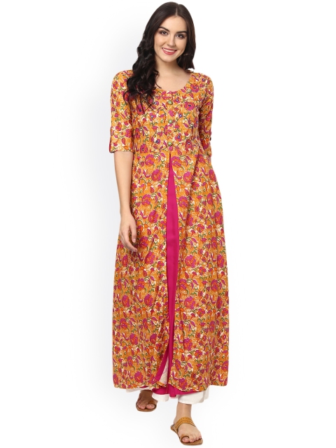 

aayusika Women Pink & Orange Printed A-Line Kurta