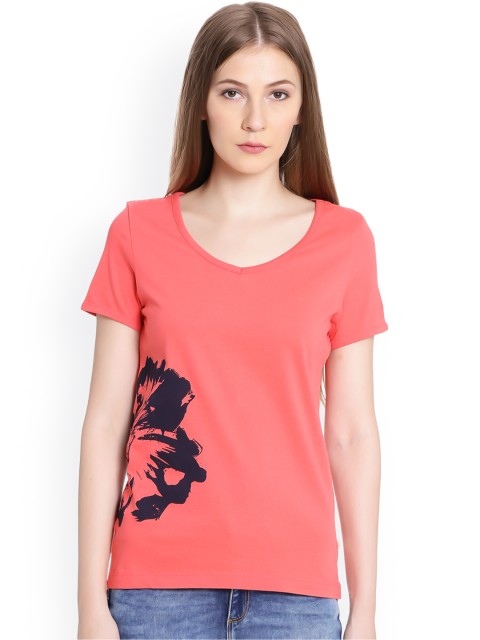 

United Colors of Benetton Women Coral Printed Round Neck Slim Fit T-shirt
