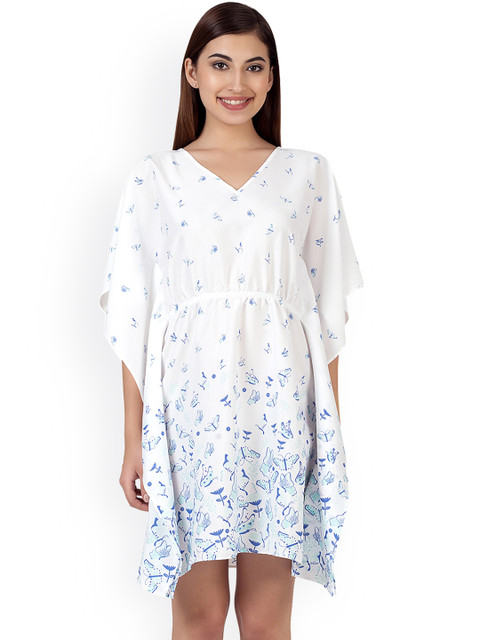 

Clovia Women White & Blue Printed Kaftan Nightdress RW0013P18S