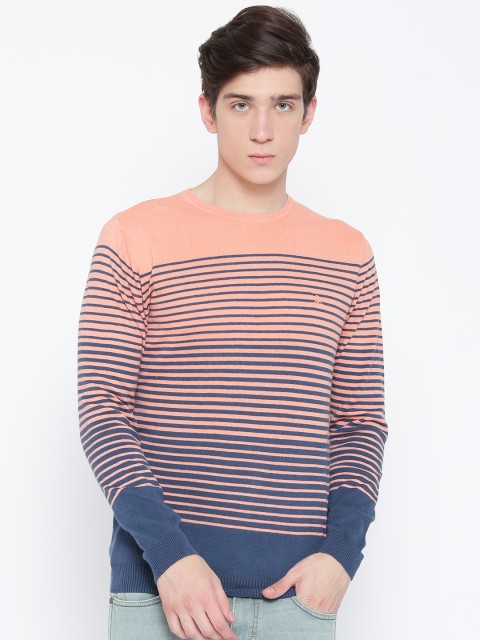 

United Colors of Benetton Men Peach-Coloured & Blue Striped Sweater