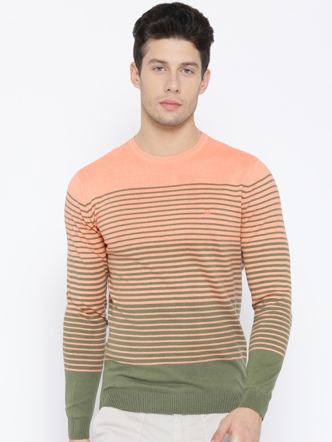 

United Colors of Benetton Men Peach-Coloured Striped Sweater