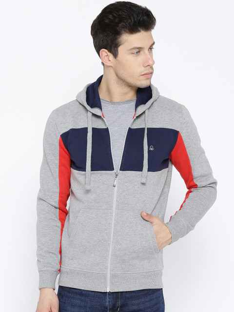 

United Colors of Benetton Men Grey Melange & Navy Colourblocked Hooded Sweatshirt