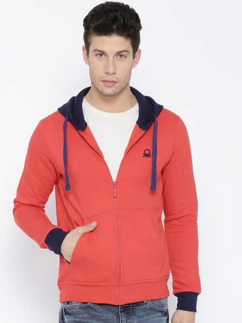

United Colors of Benetton Men Coral Red Solid Hooded Sweatshirt
