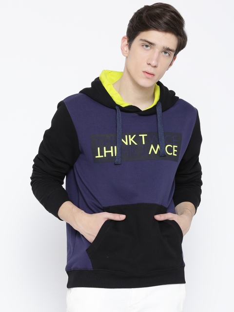 

United Colors of Benetton Men Navy Blue & Black Printed Hooded Sweatshirt