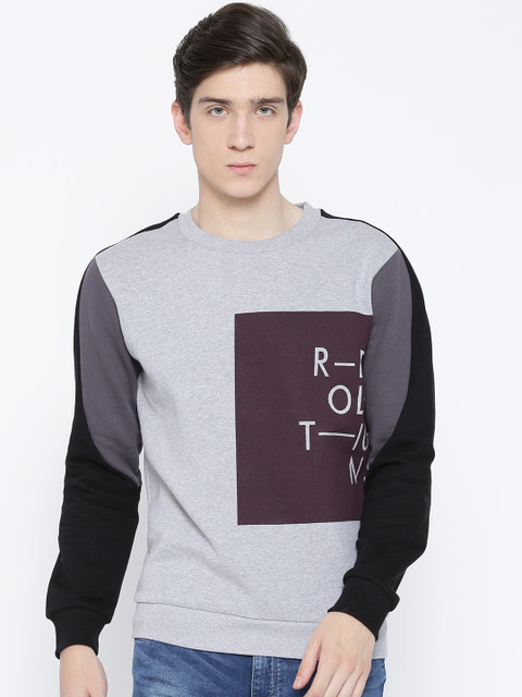 

United Colors of Benetton Men Grey Melange & Burgundy Colourblocked Sweatshirt