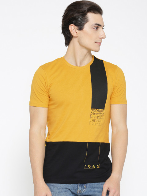 

United Colors of Benetton Men Mustard Yellow & Black Colourblocked Round Neck T-shirt