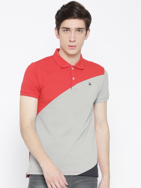

United Colors of Benetton Men Red & Grey Colourblocked Polo Collar T-shirt