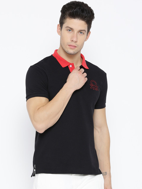 

United Colors of Benetton Men Black Solid Polo Collar T-shirt