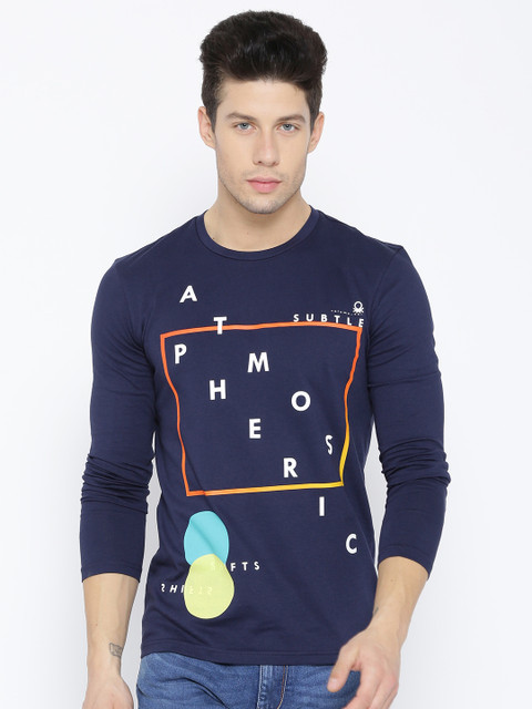 

United Colors of Benetton Men Navy Printed Round Neck T-shirt, Navy blue