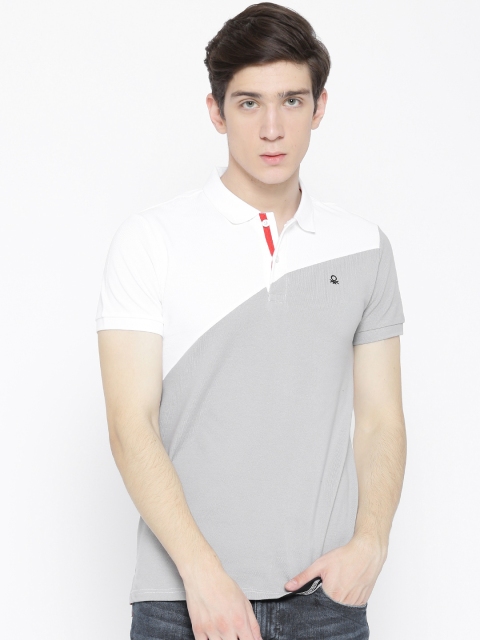 

United Colors of Benetton Men White & Grey Colourblocked Polo Collar T-shirt