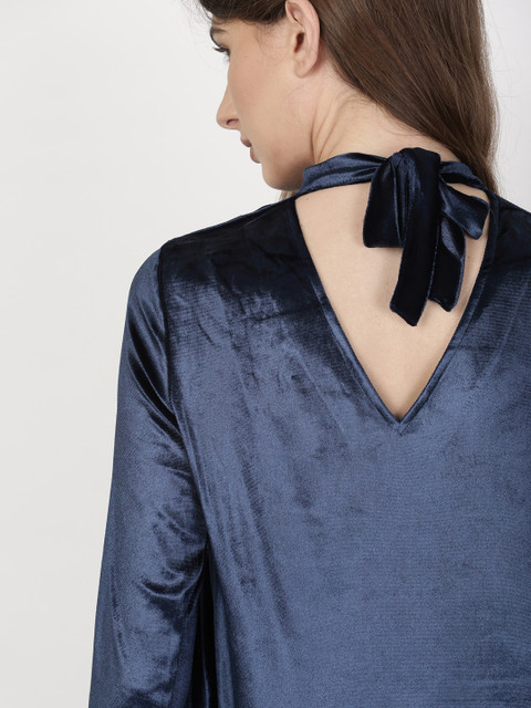 

ether Women Navy Blue Solid Velvet Finish Styled Back Top