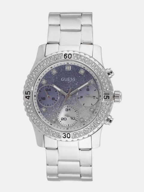 

GUESS Women Blue & Silver-Toned Embellished Multifunction Watch W0774L6