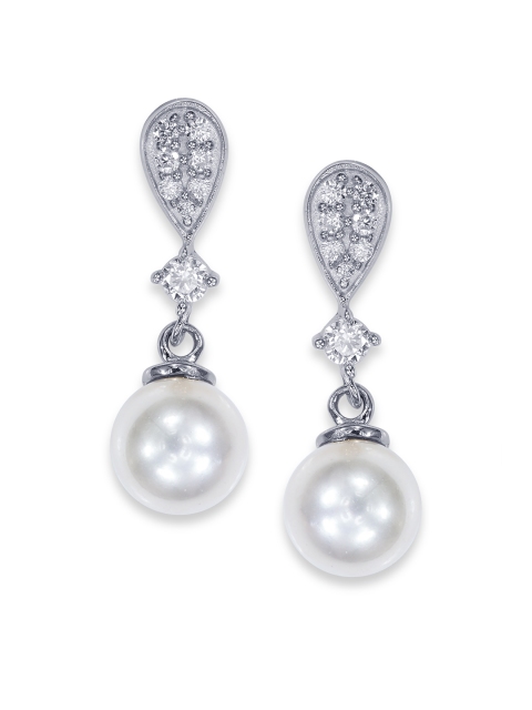 

Peora Silver-Toned & Off-White Spherical Drop Earrings