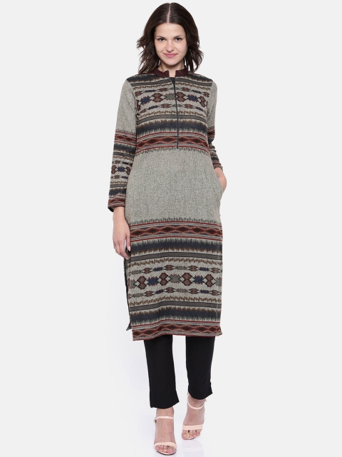 

Biba Women Grey & Maroon Patterned Straight Kurta