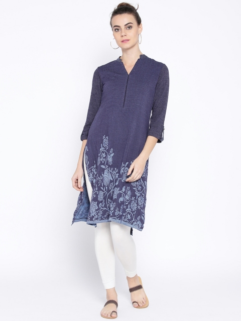 

Biba Women Navy Patterned Straight Kurta, Navy blue