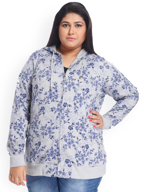 

aLL Women Grey Melange Blue Printed Hooded Plus Size Sweatshirt