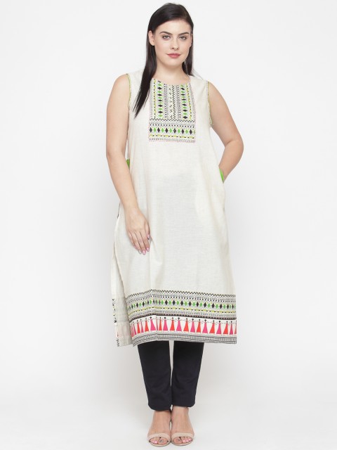 

aLL Plus Size Women Off-White Printed Detail Straight Kurta