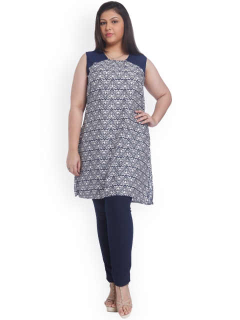 

aLL Plus Size Women Navy White Printed Straight Kurta, Navy blue
